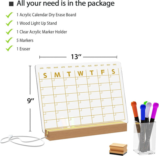 Light Up Clear Dry Erase Calendar 13 x 9 inch with 5 Markers, Acrylic Lighting Markable Calendar Board Agenda for Bedroom/Office/Home/Kitchen