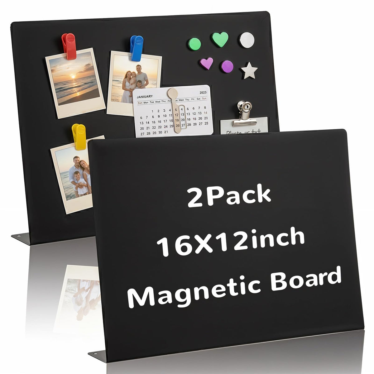 2 Pcs Black Magnetic Board, 16 x 12 Inch Magnet Board with Stand Metal Tabletop Memo Boards for Menu, Notes, Photos, School, Home, Office