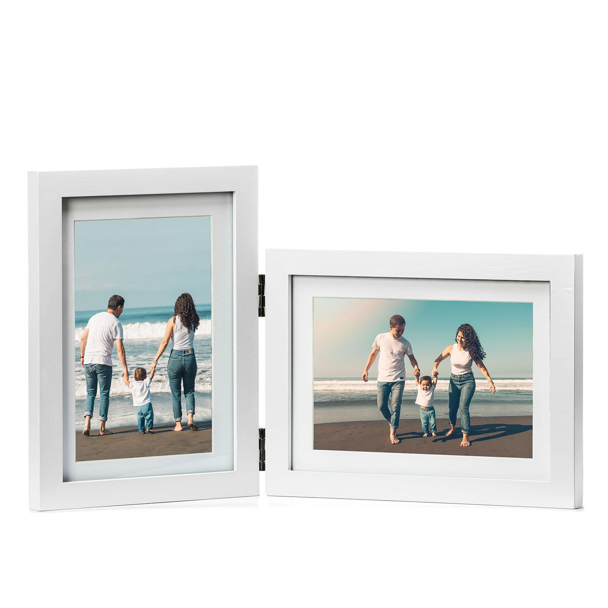 Double 4x6 Hinged Picture Frame Vertical Horizontal Folding Photo Frame Pine Wood with Real Glass, Matted to 3x5, Table Desktop Free-Standing or Wall Art Display, Brown