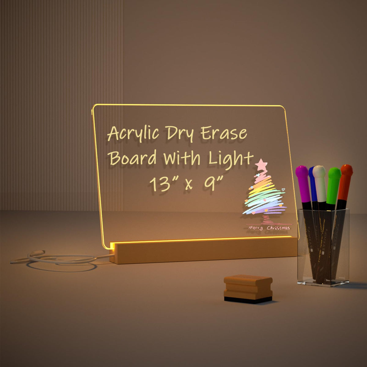 Light Up Clear Dry Erase Calendar 13 x 9 inch with 5 Markers, Acrylic Lighting Markable Calendar Board Agenda for Bedroom/Office/Home/Kitchen