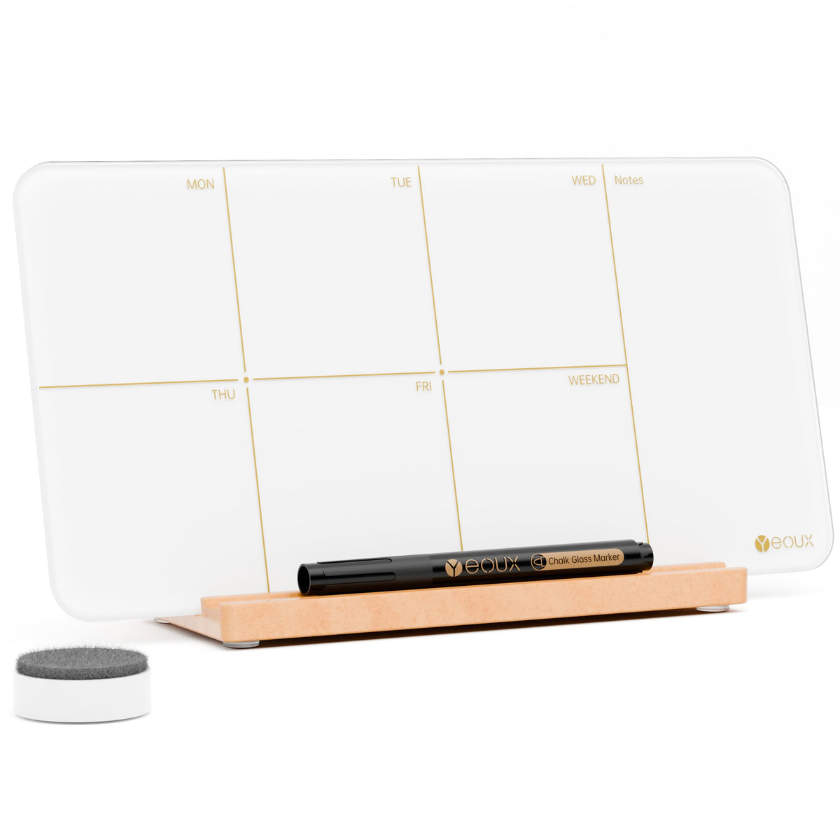 Desktop Black Glass Weekly Planner Dry Erase Whiteboard with Detachable Wood Stand,Small Portable Week Calendar to Do List White Board 12x6 for Office, Home, Schools, Marker&Eraser Included, Yeoux