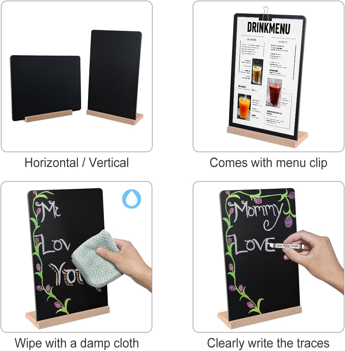 Desktop Small Chalkboard with Solid Wood Base,7.9"x12",Double‑Sided Erasable Message Menu Sign for Coffee Shop, Restaurant, Bar, Eco‑Friendly