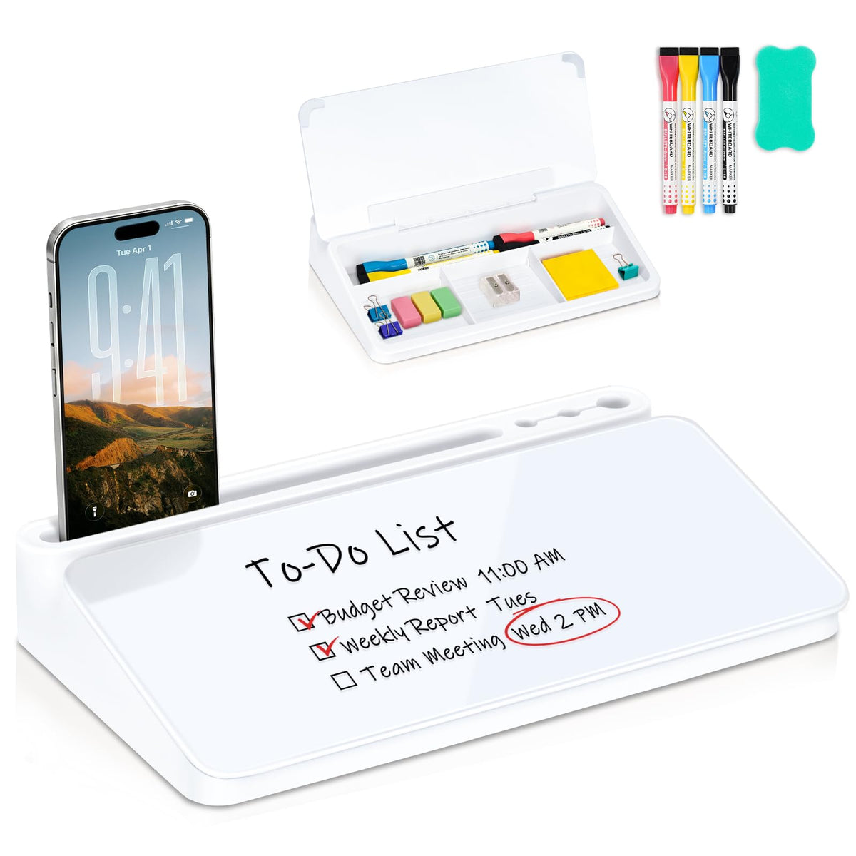 Small Desktop Glass Whiteboard with Storage, Desk Dry Erase White Board