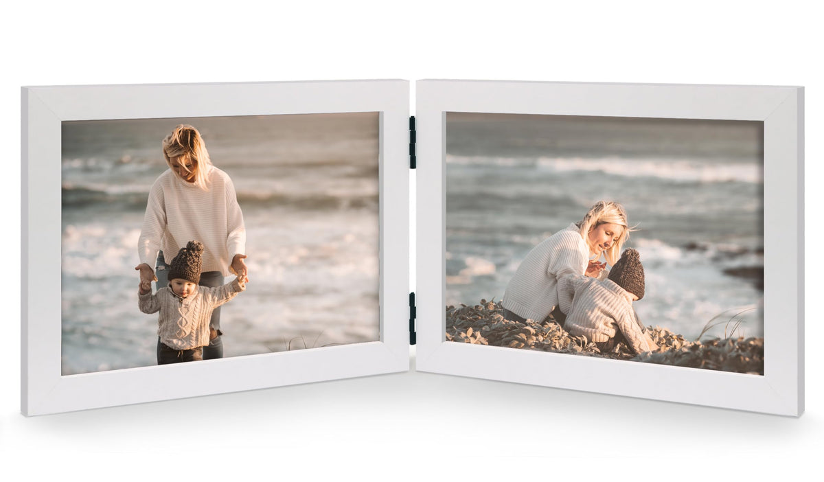 Double 5x7 Horizontal Picture Frame, White Clean-Lined Wood