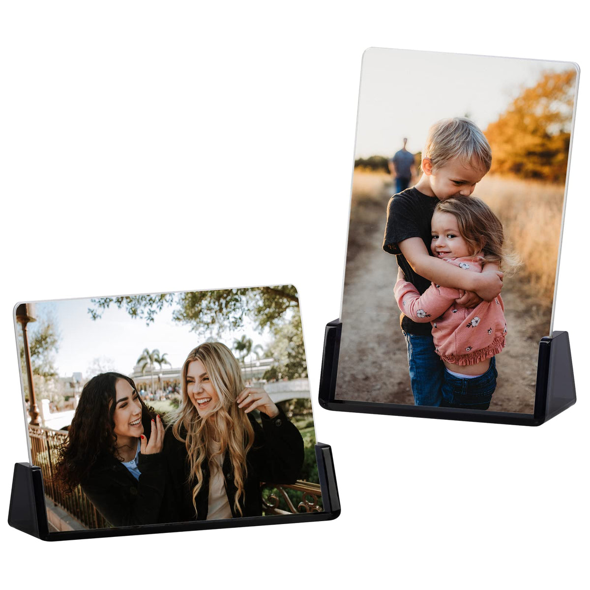 Boxalls 2 Pack Acrylic Picture Frames 4x6 with Translucent Black Base Stand, Frameless Photo Frame for Tabletop or Desktop Display (Horizontal + Vertical)