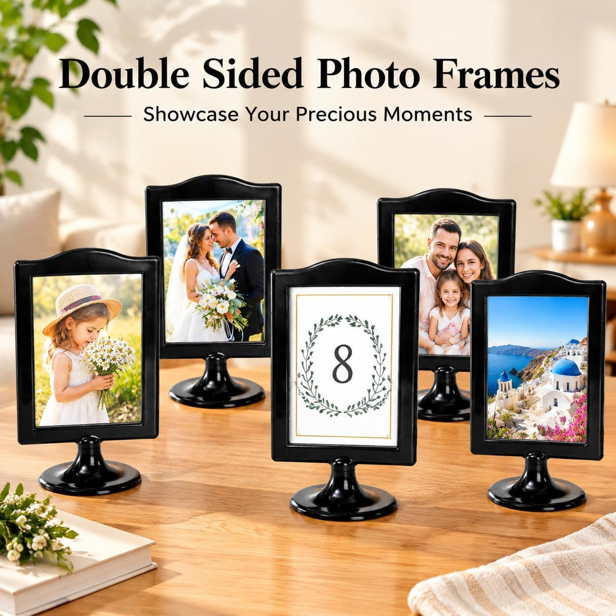 Lawei 10 Pack Double Sided Standing Picture Frames, 4x6 Inch Plastic Pedestal Photo Frame Bulk, Two Sided Vertical Picture Holder with Inserts & Base, Black Display Frame for Wedding Table Number Menu