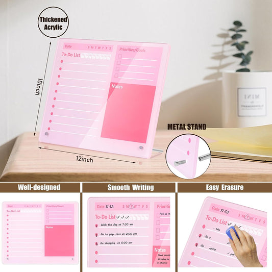 Desktop Thickened Acrylic Dry Erase Board to do List Planner Board,12"x10",Tabletop Whiteboard with Stand,Frameless Pink Dry Erase White Board,for Office/Home/School