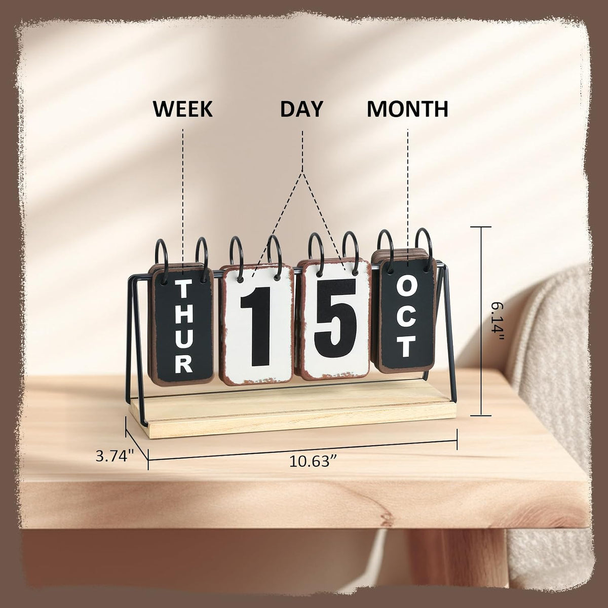 Metal Flip Calendar with Wooden Base, Daily Perpetual Desk Calendar with Large Display, Modern Farmhouse Desktop Calendar for Home Office Decor, Reusable and Foldable