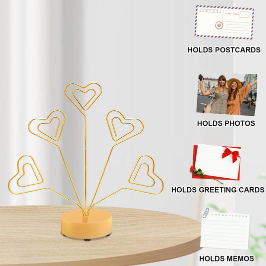 Desktop Heart-Shaped Photo Tree Style Holders Round Base,5-Branch Family Picture Frame Clips Holder Desk Card Display Stand for Christmas,Wedding, Birthday Party,Gift (Golden)