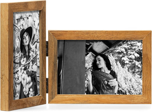 Double 4x6 Hinged Picture Frame Vertical Horizontal Folding Photo Frame Pine Wood with Real Glass, Matted to 3x5, Table Desktop Free-Standing or Wall Art Display, Brown