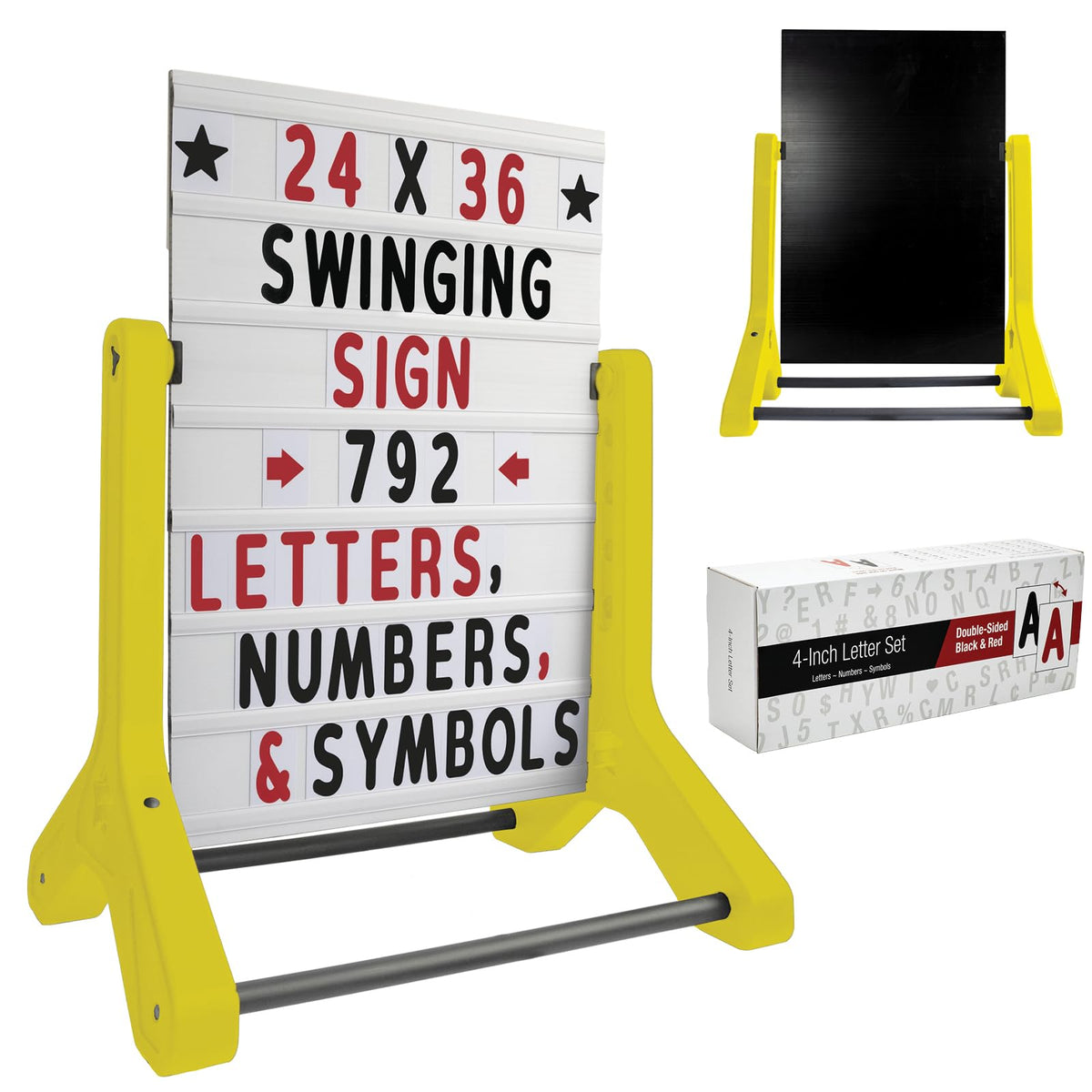 Swinging Changeable Message Sidewalk Sign: 24" x 36" Sign with 792 Pre-Cut Double Sided Letters and Storage Box. Includes Black Board & Letter Board (Black Color Legs)