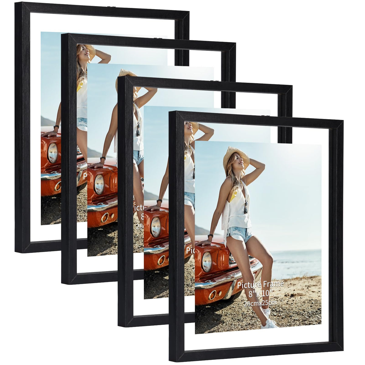 Trwcrt 5x7 Floating Picture Frames Set of 4, Double Glass Photo Frame Display up to 7 x 9 Photos for Desktop or Wall Hanging, Black
