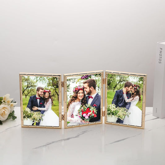 YiPinYin Dark Gold 4x6'' Bamboo Detail Designs Hinged Triple Metal Picture Frame,Elegant Gold Plated Wedding Photo Frames With Soft Touch Velvet Backing for Desktop and Wall Décor