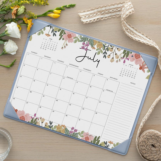 Cabbrix Desk Calendar 2026-2027 with Desktop Mat, Floral Desk Pad Calendar 15 x 12 Inch 18 Months Runs From July 2026 to December 2027, Desk Blotter Calendar for Home School and Office (Blue)