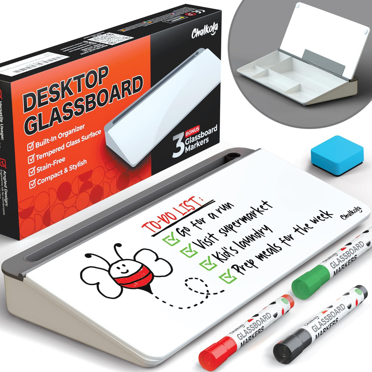 Chalkola Black Glass Desktop Whiteboard with Storage - Desk Organizer Buddy