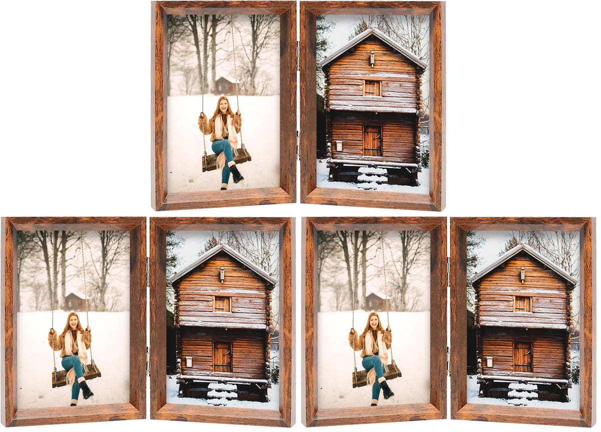 TOFOREVO 4x6 Double Picture Frame Rustic Brown Wooden Hinged Beveled Photo Frame Definition Glass 2 Vertical Openings Stand on Desktop Tabletop