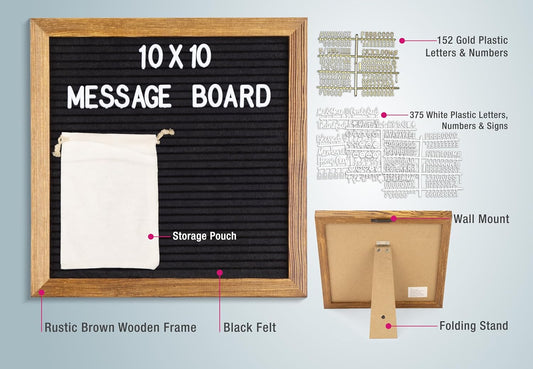 Real Wood Framed Felt Letter Board, Changeable Message Board, 10" x 10", Folding Stand and Wall Mount, 500+ Pieces of White & Gold Letters, Numbers, Words & Symbols, by Better Office Products (Rustic