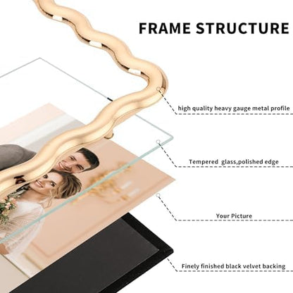 Gold 4 x 6'' High-End Zinc Alloy Picture Frame with Wave Design - Modern Glamour 6x4'' Pictures Frames for Desktop and Wall Décor
