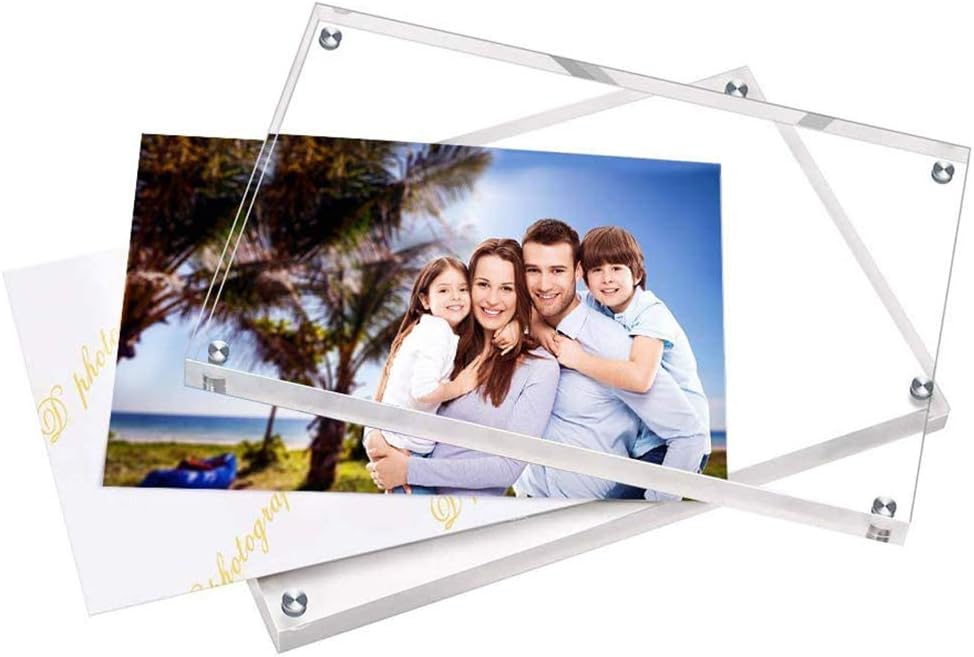 HELPLEX Acrylic Frames, 2 Pack 5x7, 24mm Thicker Frameless Clear Picture Frame, Double Sided Magnetic, Free Standing Desktop Display