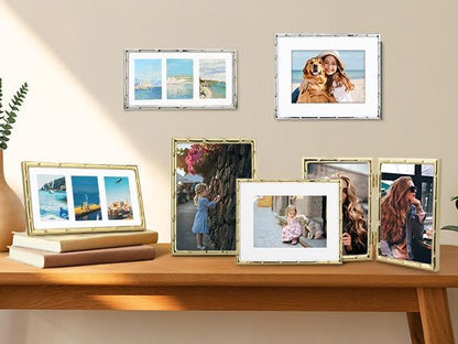 YiPinYin Dark Gold 4x6'' Bamboo Detail Designs Hinged Triple Metal Picture Frame,Elegant Gold Plated Wedding Photo Frames With Soft Touch Velvet Backing for Desktop and Wall Décor