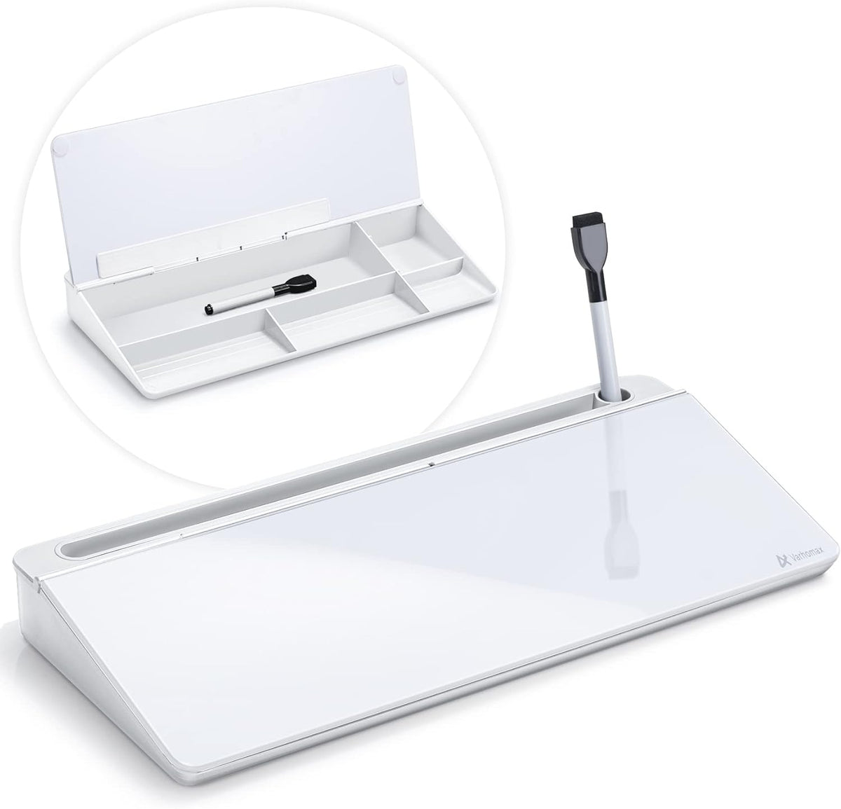 Varhomax Glass Desk Whiteboard with Storage, Desktop Organizer