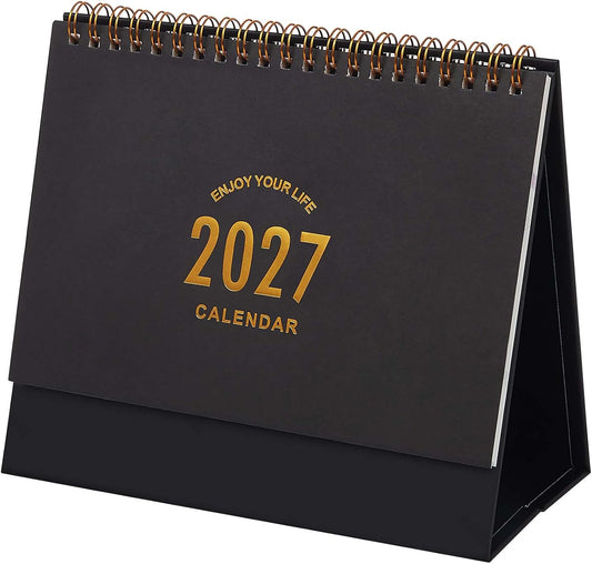 Small Desk Calendar 2027-2028, Standing Flip Desktop Calendar from January 2027 to June 2028 - Metal Ring Twin-Wire Binding Monthly Desktop Calendar for Home Office School (Black)