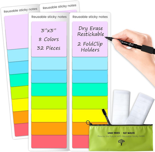 JJPRO Dry Erase Sticky Notes - Reusable Whiteboard Stickers 8 Colors 3"x3"-32 Pack. Suitable for All Smooth Surface.Great for Labels, Lists, Reminders and Decals-Washable,Removable