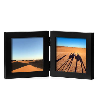 Double 4x6 Hinged Picture Frame Vertical Horizontal Folding Photo Frame Pine Wood with Real Glass, Matted to 3x5, Table Desktop Free-Standing or Wall Art Display, Brown