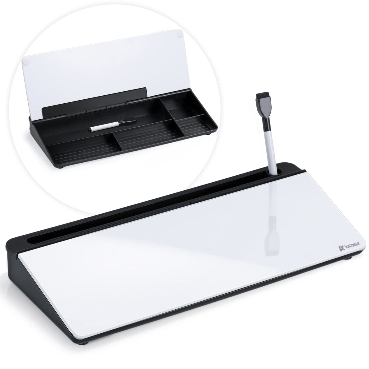 Varhomax Desktop Whiteboard with Storage, Desk Organizer Dry Erase Glass White Board to-do List Memo Notepad for Home Office and School Supplies (Black)