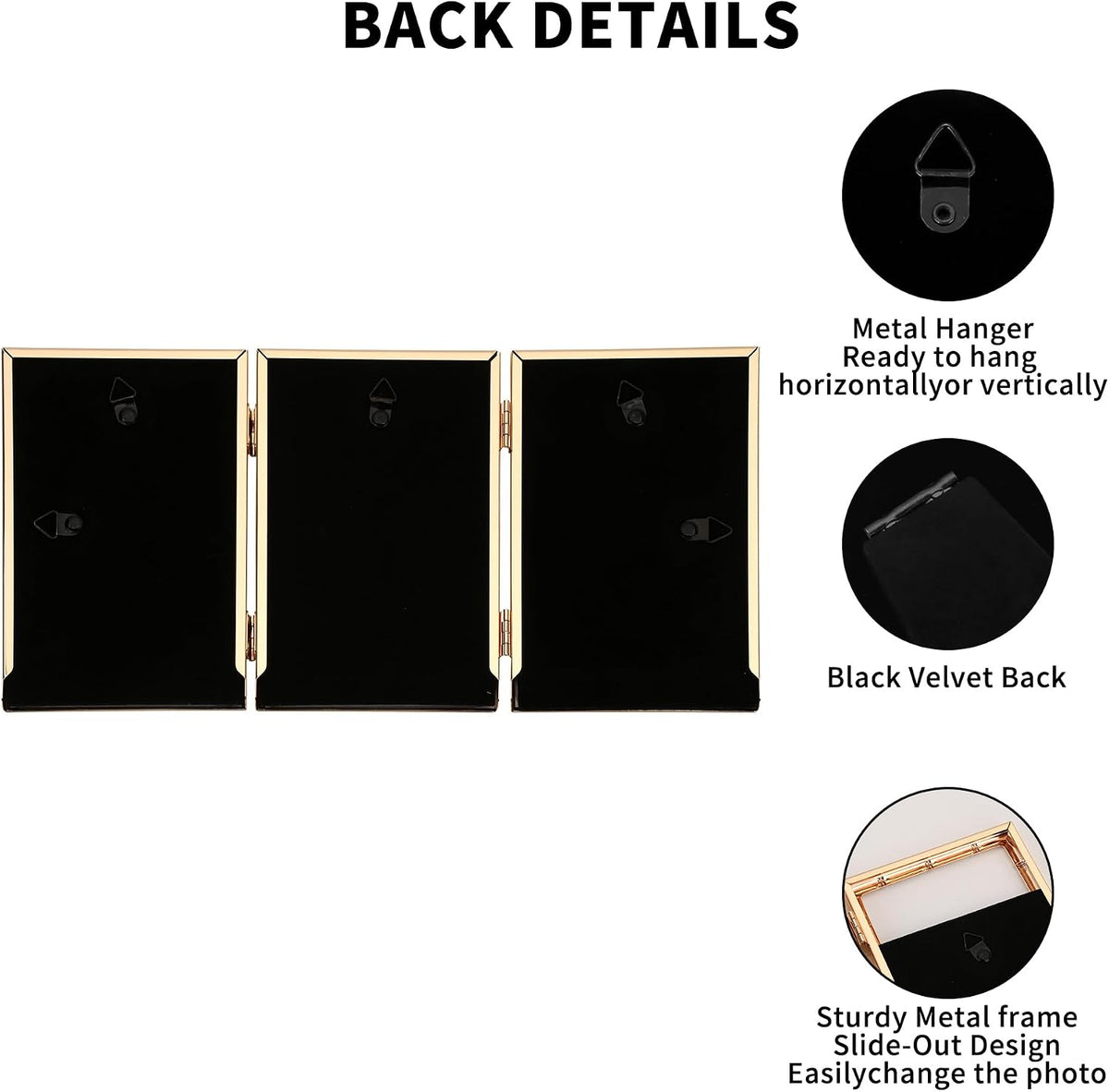 YiPinYin Dark Gold 4x6'' Bamboo Detail Designs Hinged Triple Metal Picture Frame,Elegant Gold Plated Wedding Photo Frames With Soft Touch Velvet Backing for Desktop and Wall Décor