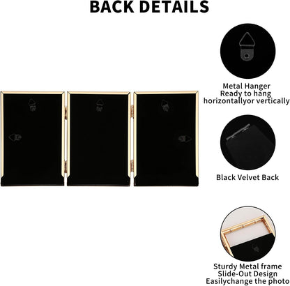 YiPinYin Dark Gold 4x6'' Bamboo Detail Designs Hinged Triple Metal Picture Frame,Elegant Gold Plated Wedding Photo Frames With Soft Touch Velvet Backing for Desktop and Wall Décor