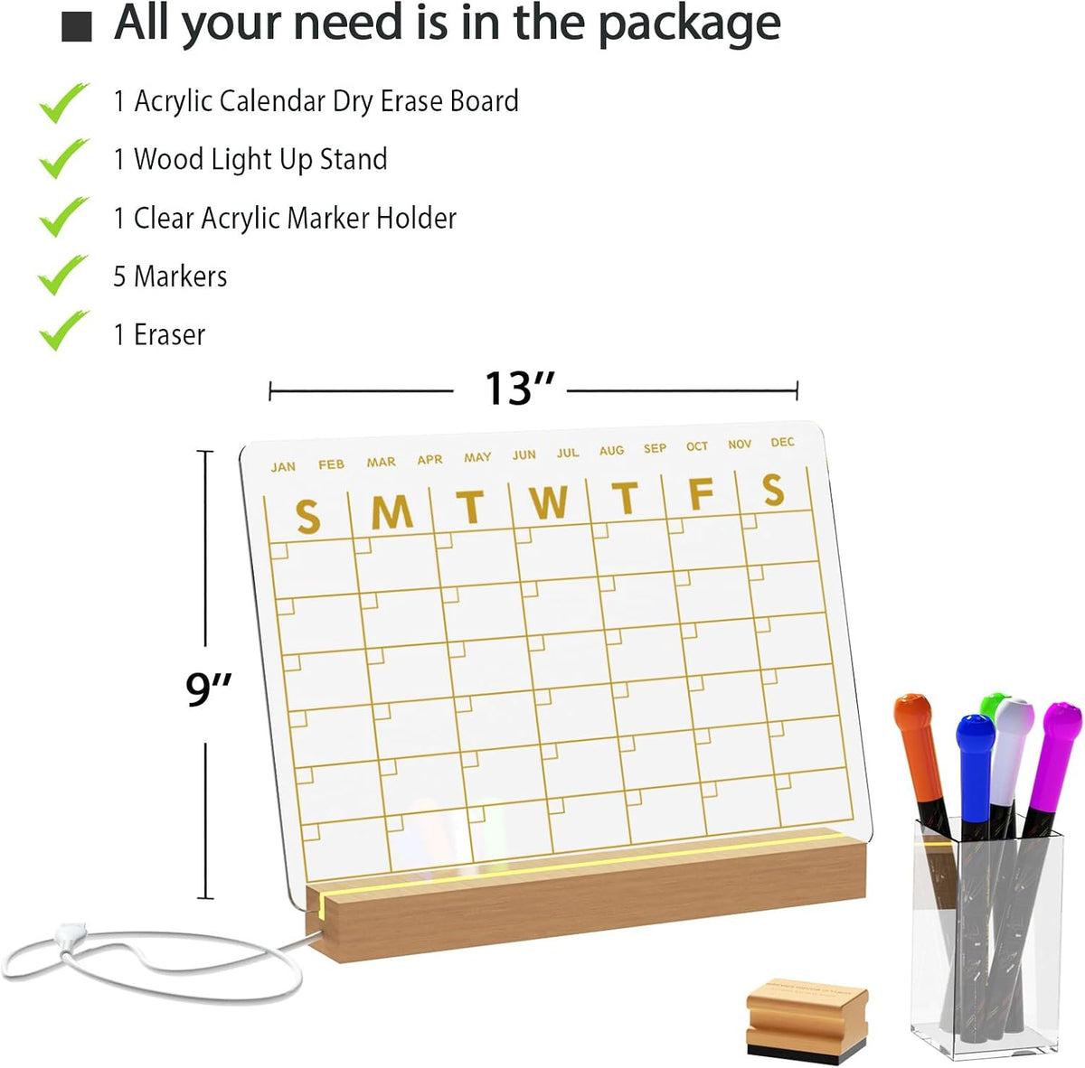 Light Up Clear Dry Erase Calendar 13 x 9 inch with 5 Markers, Acrylic Lighting Markable Calendar Board Agenda for Bedroom/Office/Home/Kitchen