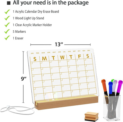 Light Up Clear Dry Erase Calendar 13 x 9 inch with 5 Markers, Acrylic Lighting Markable Calendar Board Agenda for Bedroom/Office/Home/Kitchen