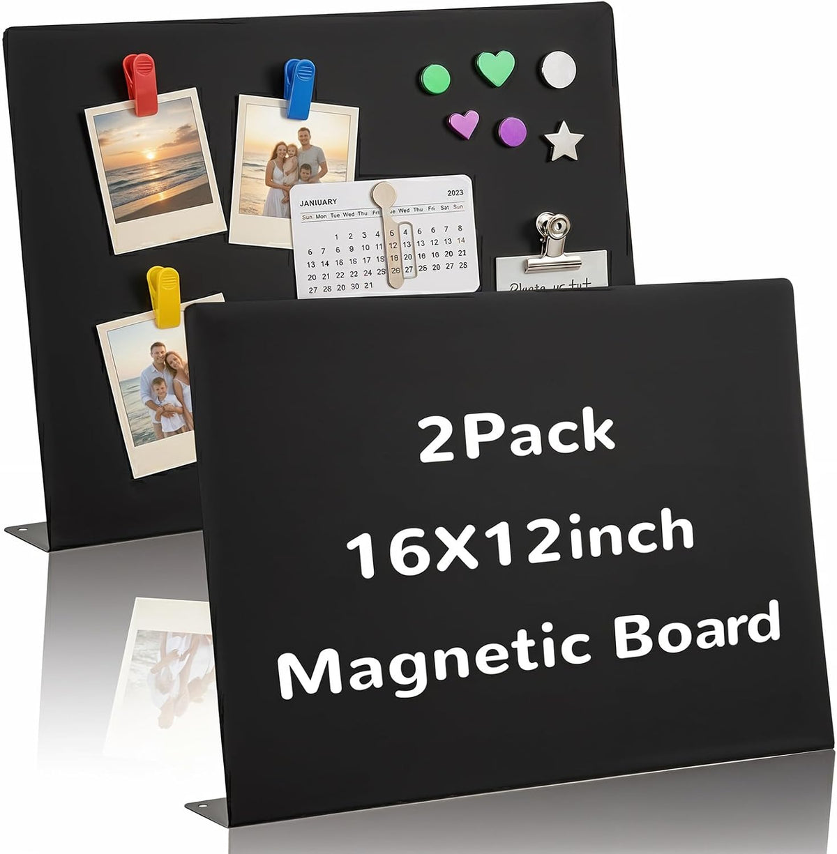 2 Pcs Black Magnetic Board, 16 x 12 Inch Magnet Board with Stand Metal Tabletop Memo Boards for Menu, Notes, Photos, School, Home, Office