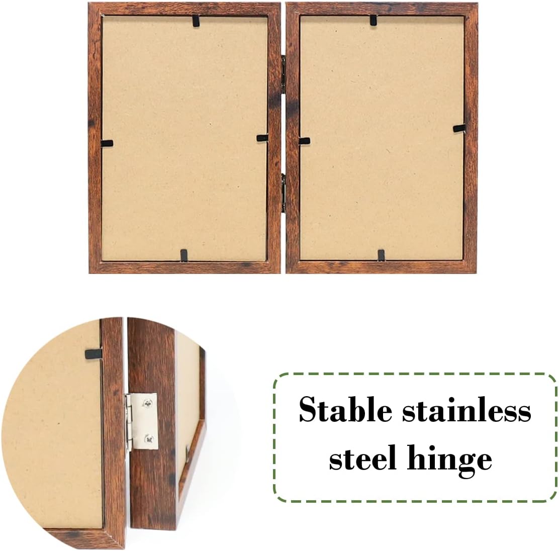 TOFOREVO 4x6 Double Picture Frame Rustic Brown Wooden Hinged Beveled Photo Frame Definition Glass 2 Vertical Openings Stand on Desktop Tabletop