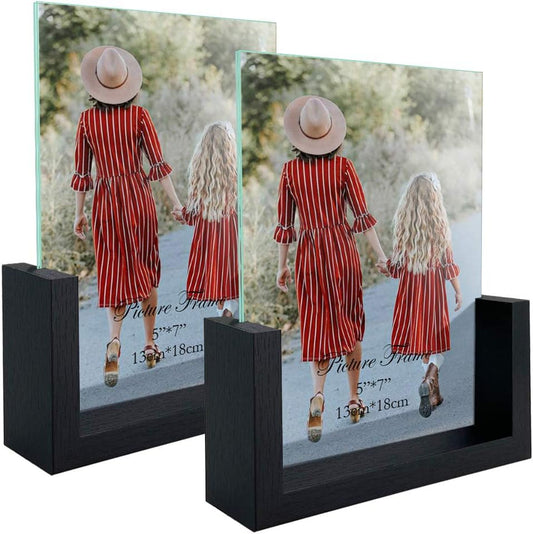 MEBRUDY 5x7 Picture Frame 2 Pack, Black Photo Frames with Tempered Glass Cover and Wooden Base for Tabletop or Desktop Display