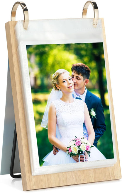 4x6 Desk Flip Photo Album Small Office Desktop Wooden 4x6 Picture Frame Vertical Standing, 4x6in Portrait Family Photo Collections Tabletop