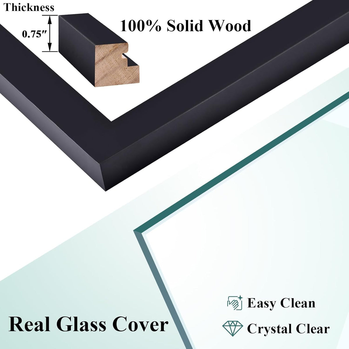 RPJC 11x14 Solid Wood Picture Frame Real Glass Cover Black