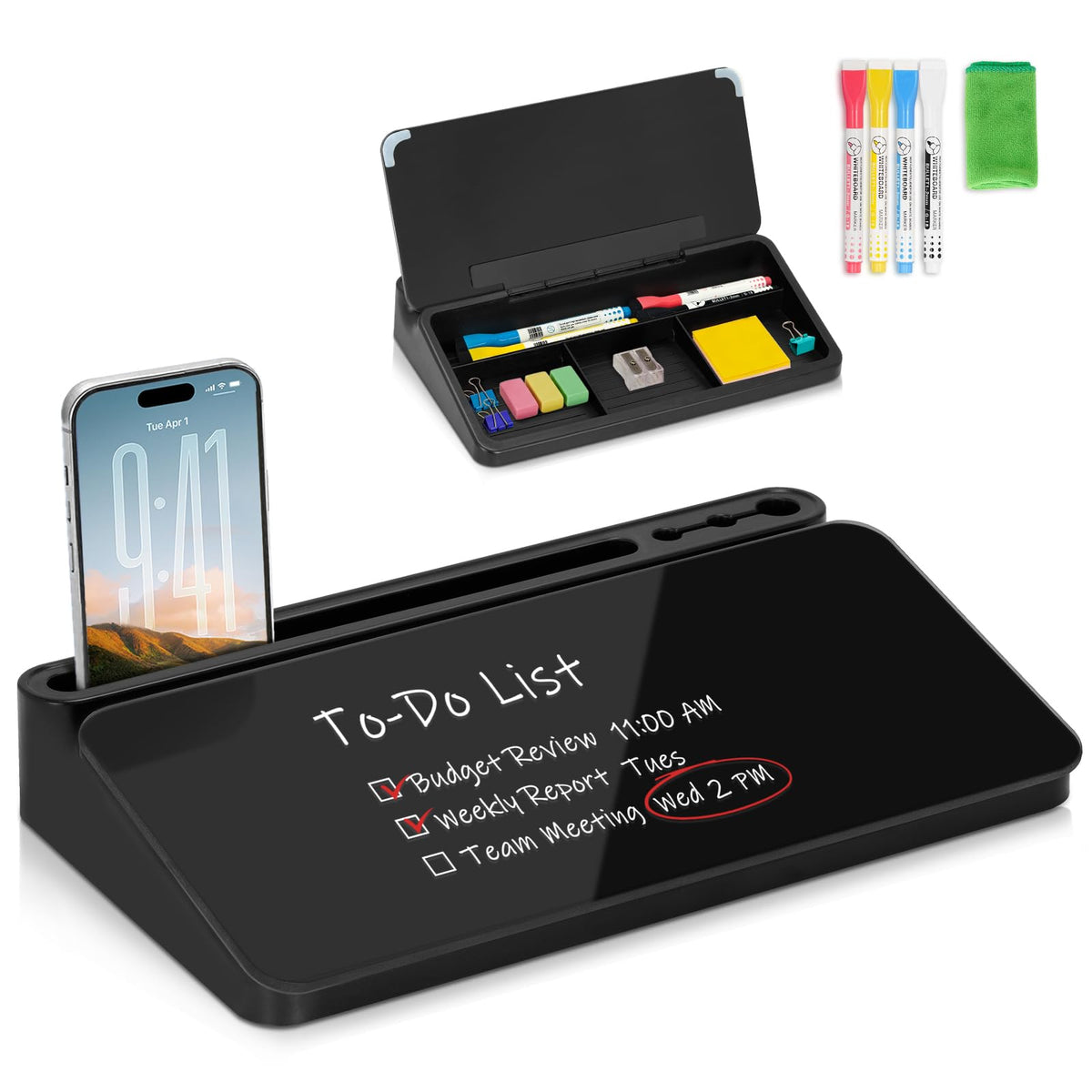 Small Desktop Glass Whiteboard with Storage, Desk Dry Erase White Board