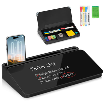 Small Desktop Glass Whiteboard with Storage, Desk Dry Erase White Board