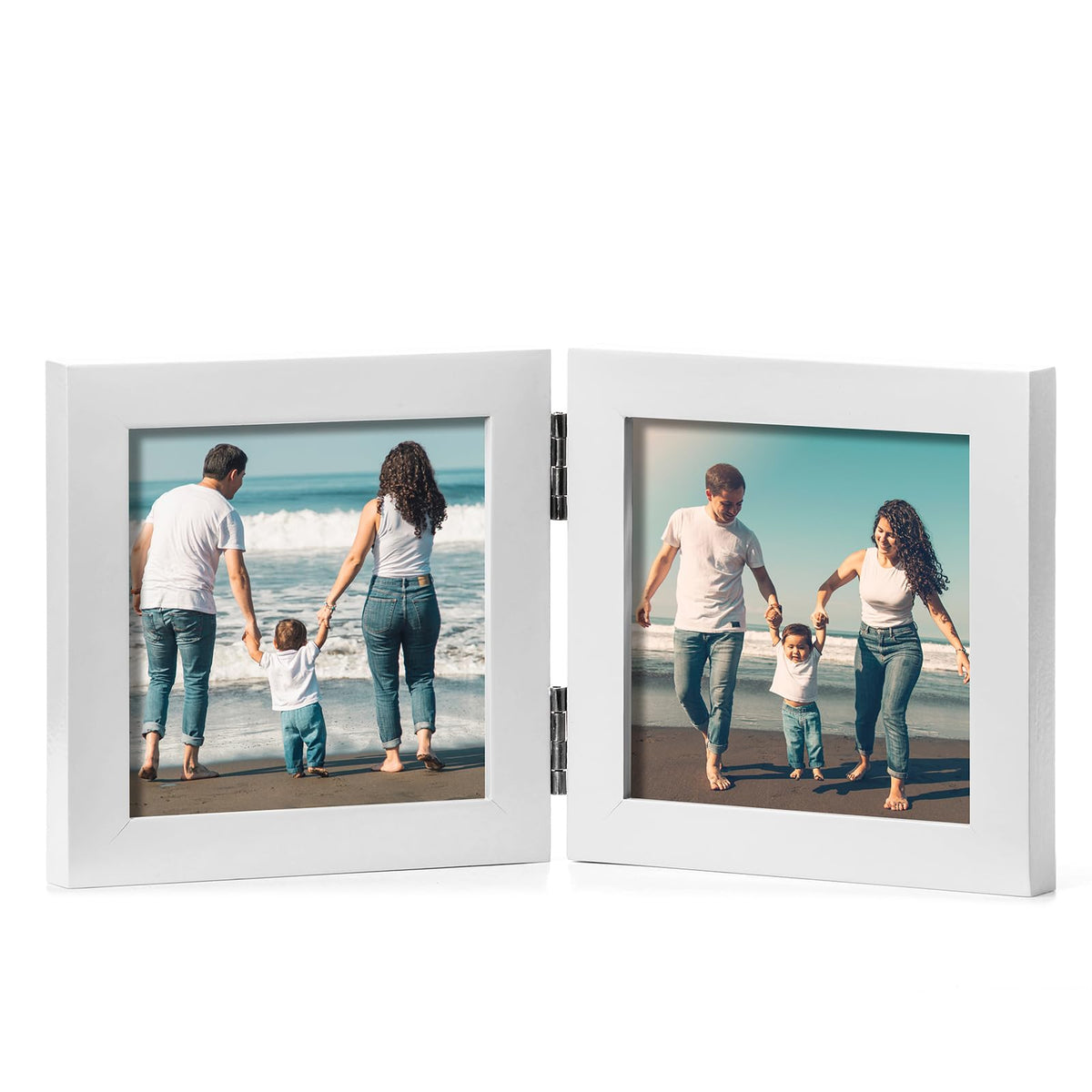 Double 4x6 Hinged Picture Frame Vertical Horizontal Folding Photo Frame Pine Wood with Real Glass, Matted to 3x5, Table Desktop Free-Standing or Wall Art Display, Brown