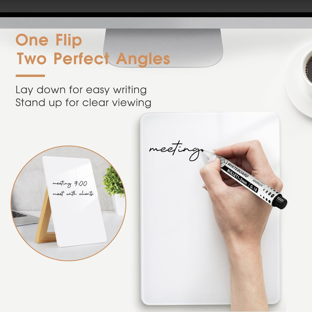 Desktop Glass Dry Erase Board, 9.5" x 6.7", Adjustable Wood Stand, Reusable