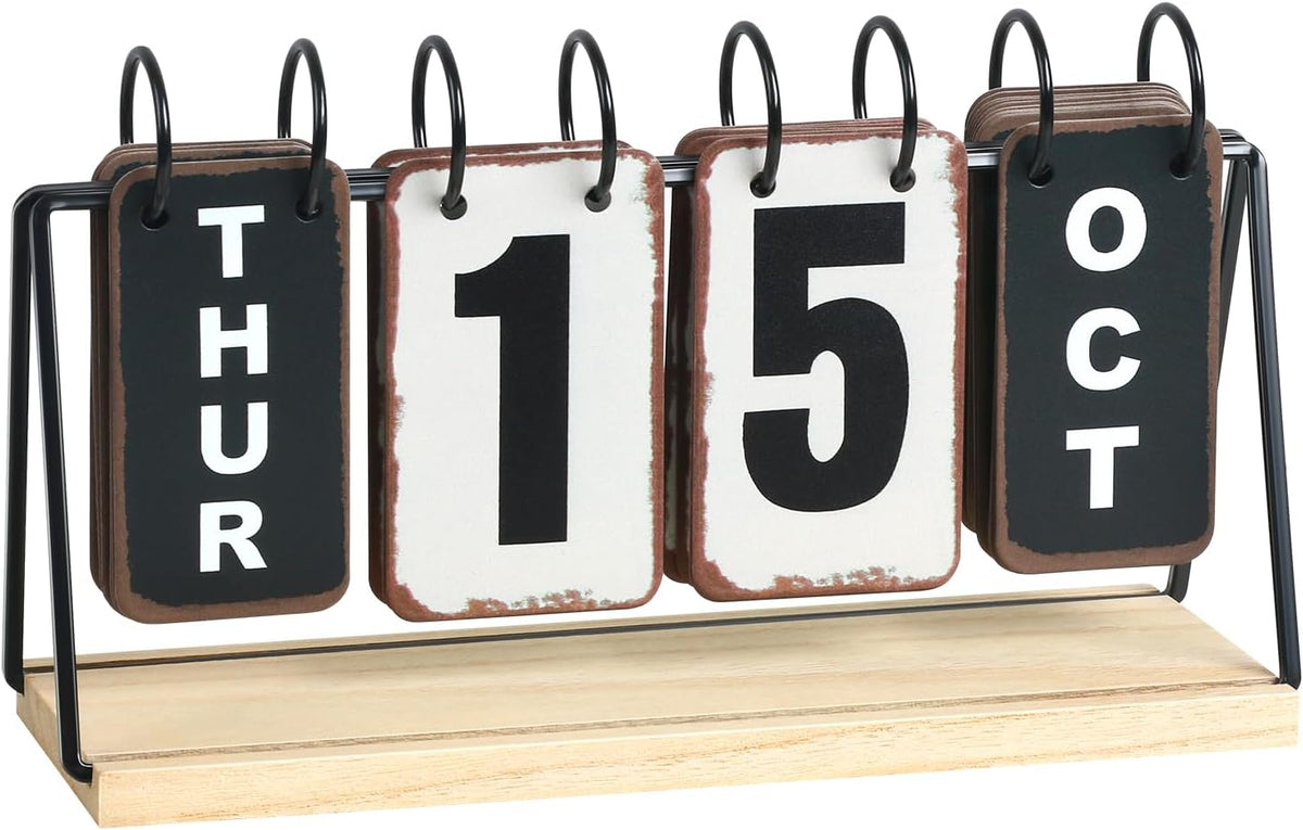 Metal Flip Calendar with Wooden Base, Daily Perpetual Desk Calendar with Large Display, Modern Farmhouse Desktop Calendar for Home Office Decor, Reusable and Foldable