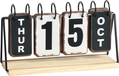 Metal Flip Calendar with Wooden Base, Daily Perpetual Desk Calendar with Large Display, Modern Farmhouse Desktop Calendar for Home Office Decor, Reusable and Foldable