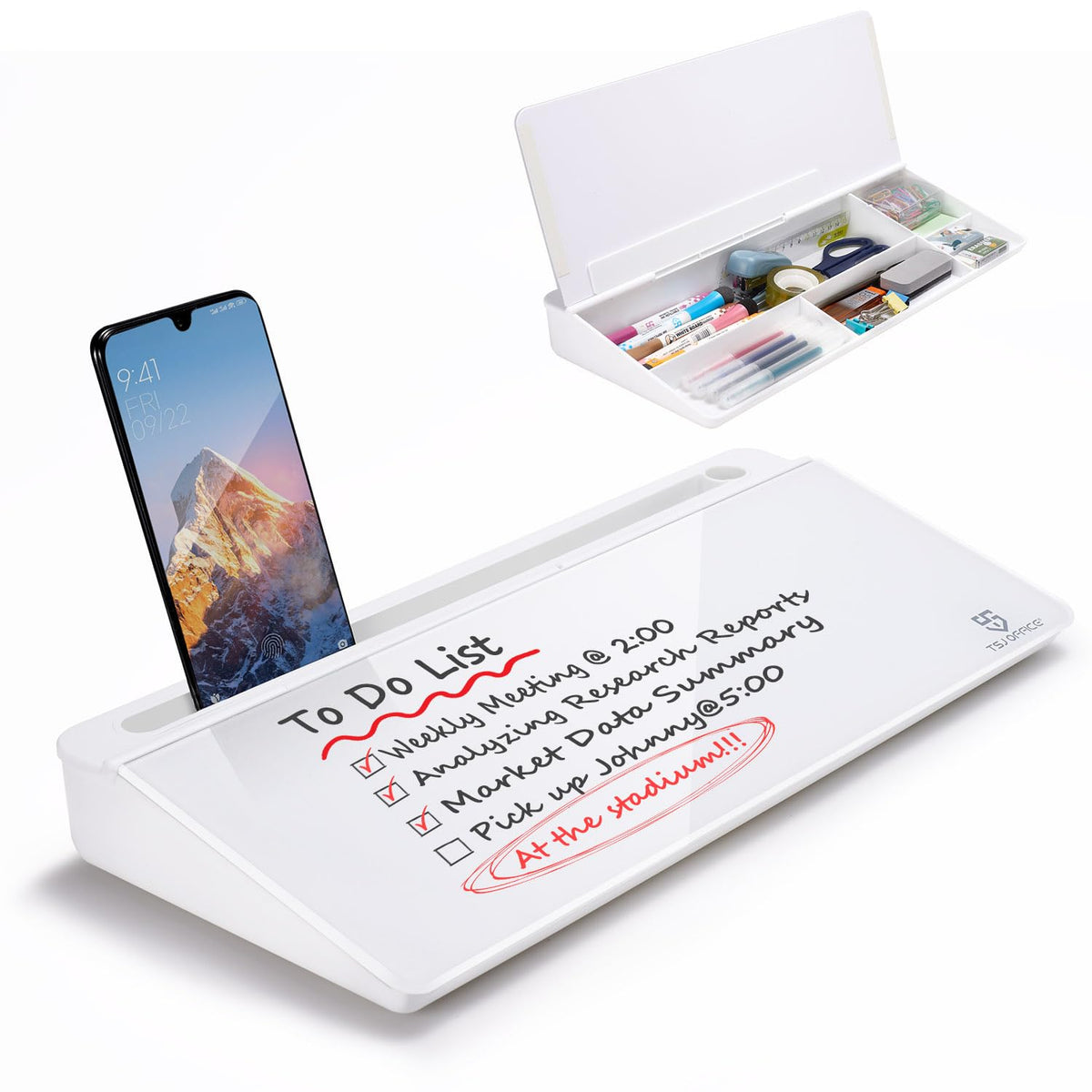 Small Desktop Glass Whiteboard Dry-Erase-Board - Computer Keyboard Stand White Board Surface Pad with Drawer, Desk Organizers with Accessories for Office, Home, School Supplies - Grey