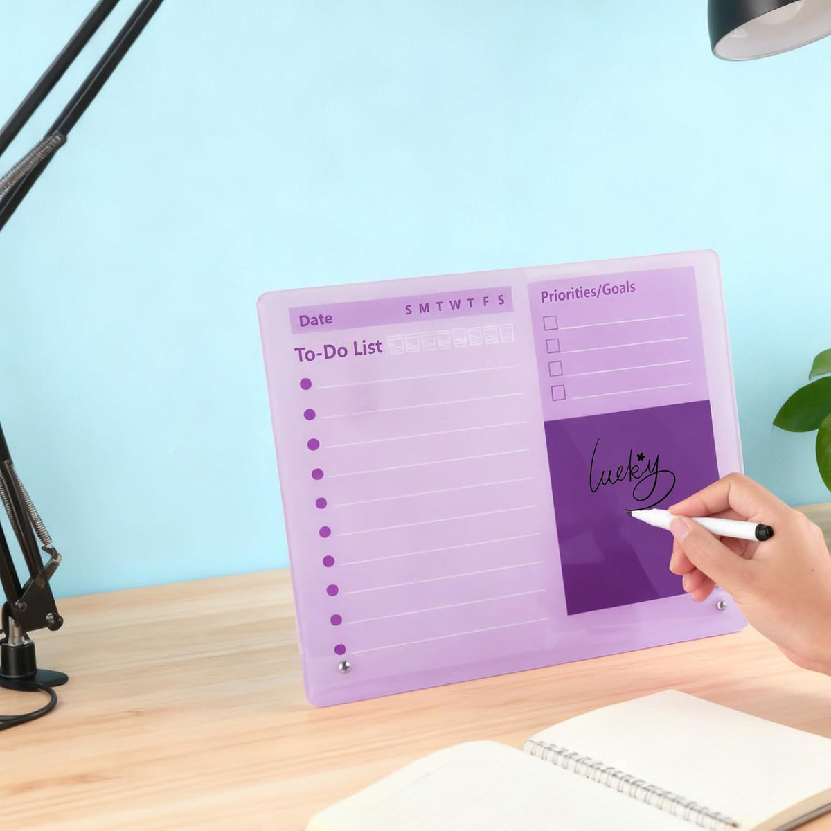 Purple Acrylic Dry Erase Board 12x10 inch, Thickened Desktop to Do List Planner Board with Stand and Markers,Frameless Tabletop Purple Dry Erase White Board Daily Task Organizer for Office Home School