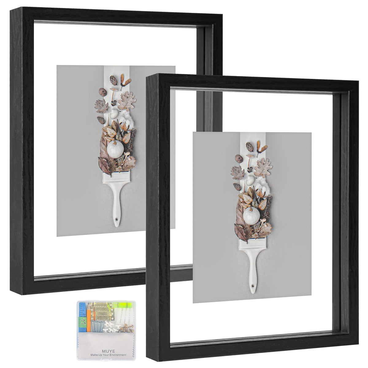 MUYE 5x7 Floating Frame Set of 2,Double Glass Rustic Photo Frame for Wall Hanging or Tabletop Standing,Also Display 4x6 or 3x5 Photo for Floating Effect,Natural