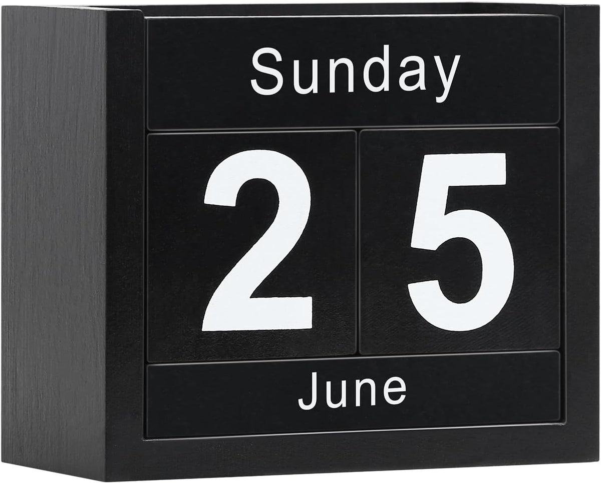 Wooden Block Calendar for Desk, Daily Desktop Perpetual Desk Calendar, Cute Date Display Blocks Desk Accessory for Home Office Decor, Teacher, Classroom, Reusable Yearly, Black