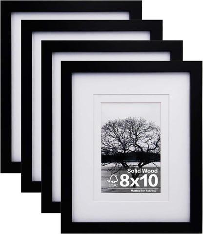 Egofine 8x10 Picture Frames Set of 4, Made of Solid Wood Covered by Plexiglass 4x6 and 5x7 with Mat or 8x10 without Mat, for Table Top Display and Wall Mounting Photo Frame Black