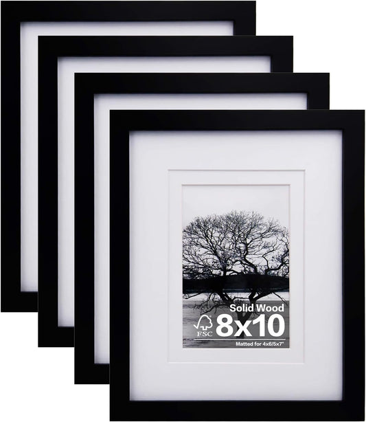 Egofine 8x10 Picture Frames Set of 4, Made of Solid Wood Covered by Plexiglass 4x6 and 5x7 with Mat or 8x10 without Mat, for Table Top Display and Wall Mounting Photo Frame Black